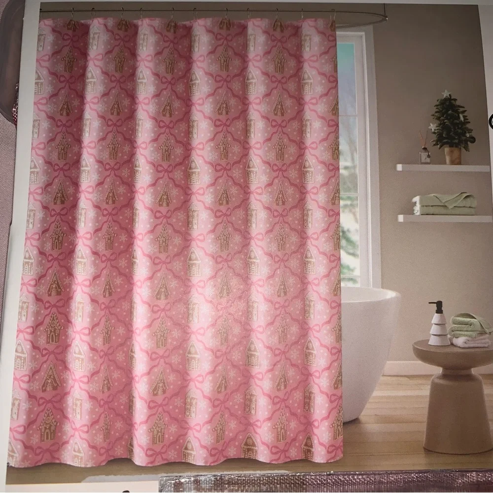 NEW Holly Jolly Pink Coquette Gingerbread Shower Curtain & Hooks NWT